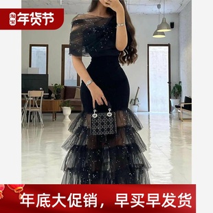 Party Glitter Mesh Sheer Dress黑色网纱拼接礼服连衣裙 Layered