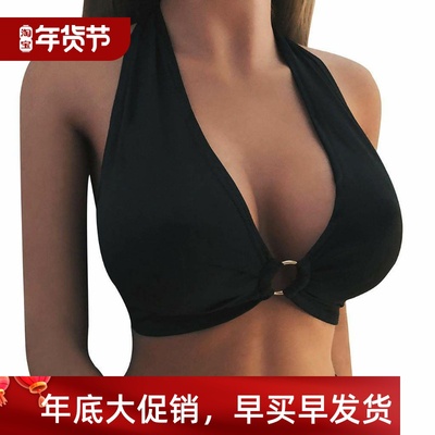 Hanging neck solid color sexy strapping top 挂脖性感绑带上衣