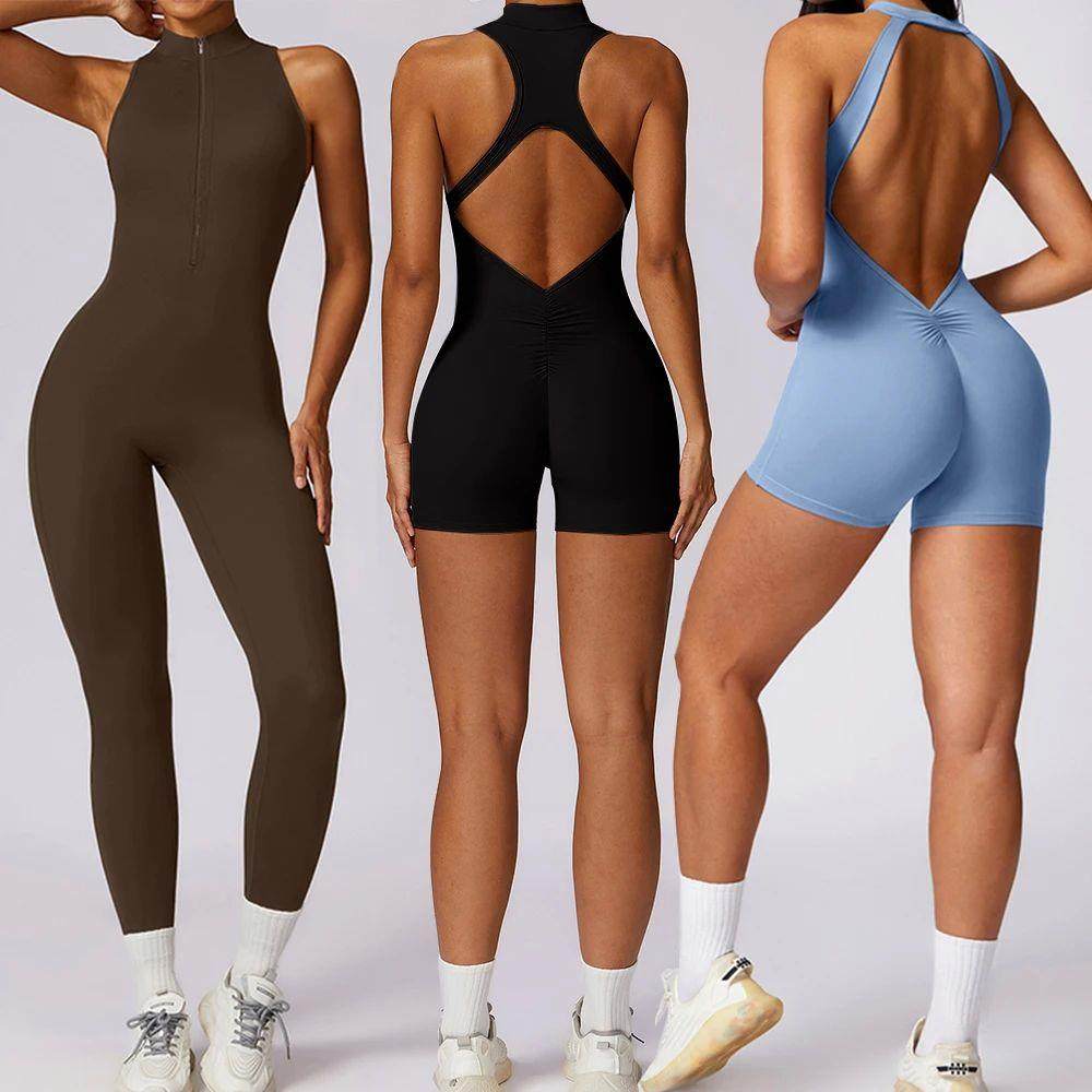 Backless Jumpsuits Zipper Sports Bodysuits Women Yoga Sets