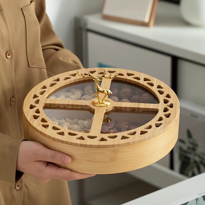 镂鹿分格果盘简约家用高雅透明镂空圆形坚果盘水果盘干果盘零食盘