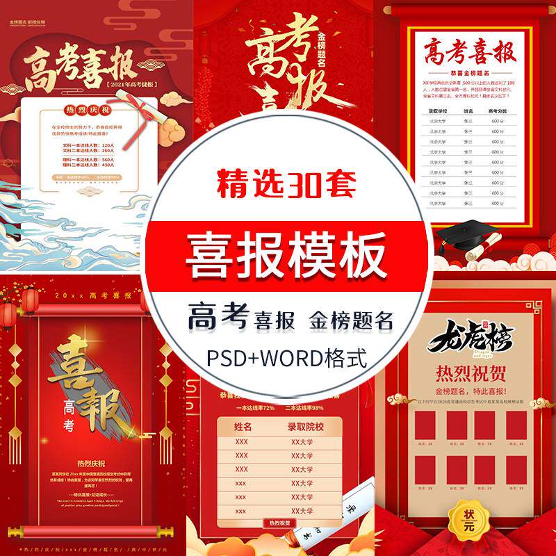 红色大气高中学校高考喜报模板psd素材金榜题名海报word设计模板