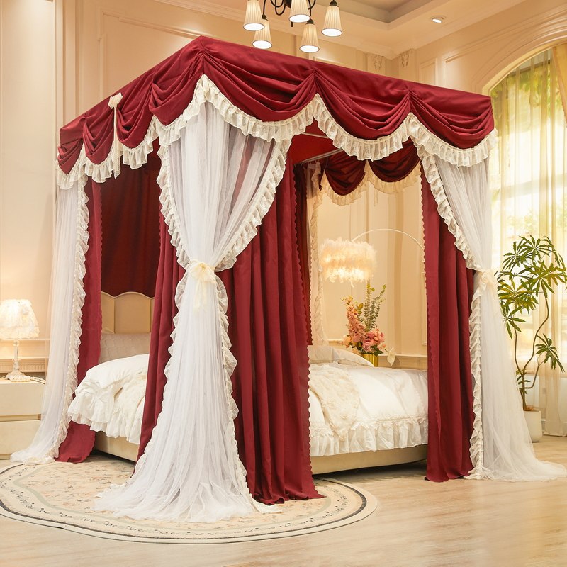 法式公主五通双杆双层落地床幔遮光蚊帐卧室3开门1.8宫廷加粗支架