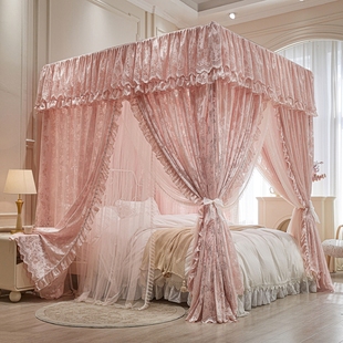 豪华双层纱蕾丝提花宫廷蚊帐家用三开门落地式公主风四柱加厚床幔