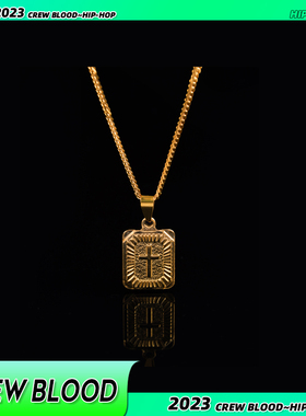 CREW美式双面十字方牌浮雕古巴项链金银钛钢街头百搭潮流配饰