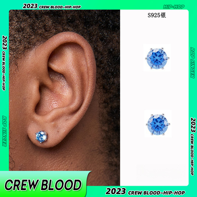 S925纯银蓝钻耳钉锆石镶嵌