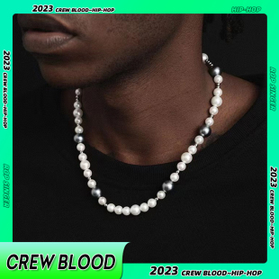 CREW欧美黑灰拼接珍珠项链天然贝壳珍珠锁骨链男美式 情侣 嘻哈个性