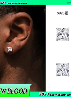 CREW欧美嘻哈黑白方锆石S925纯银耳钉街头时尚百搭潮流耳饰