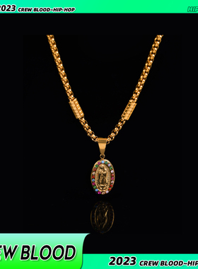 CREW美式彩色锆石西海岸项链金色钛钢街头嘻哈潮流配饰男女礼物