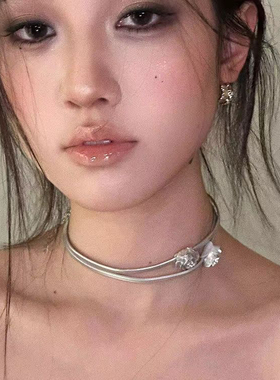 银灰银色玫瑰双层颈链链小众项链甜酷辣妹锁骨choker气质2024ins