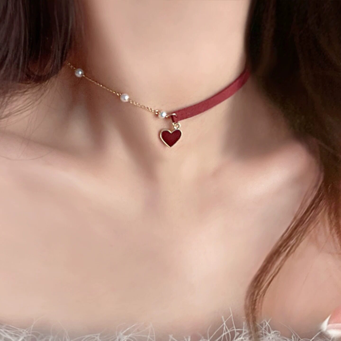 韩版时尚红色爱心项链女网红气质个性锁骨链项圈choker短款颈链潮