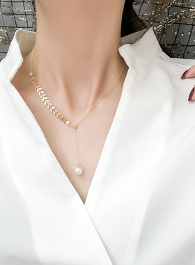 钛钢珍珠麦穗项链女毛衣链