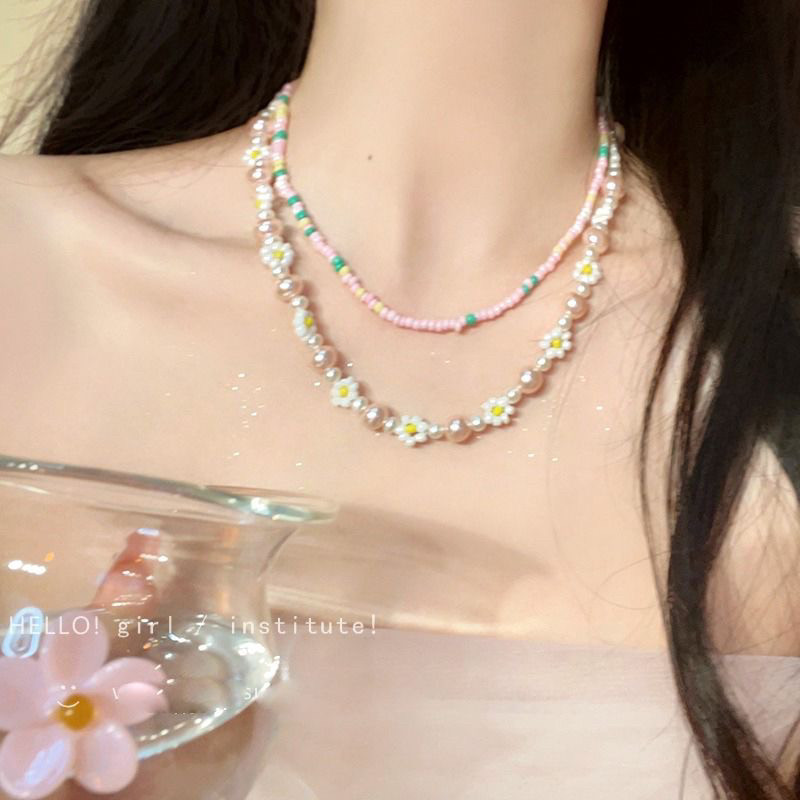 夏季彩色雏菊珍珠项链女款2024新款爆款串珠锁骨链轻奢高级感颈链