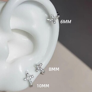 超闪镶钻十字架耳骨环女925银针养耳洞边缘耳骨钉小耳圈耳扣耳环