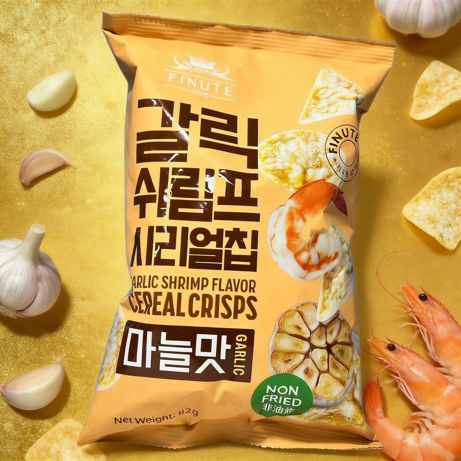 韩国进口FINUTE大蒜虾味谷物脆片82克休闲临期零食特价