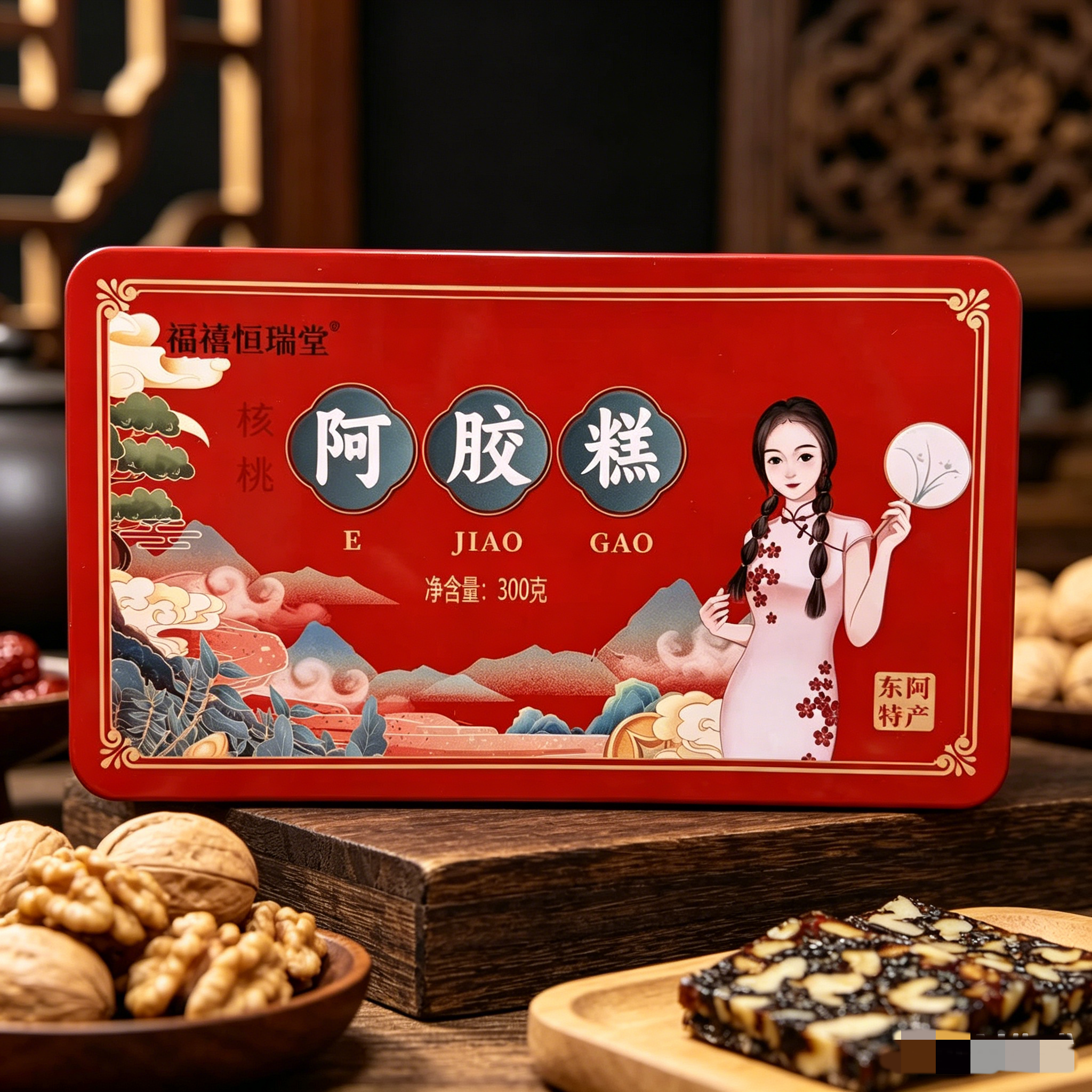山东东阿福禧恒瑞堂核桃阿胶糕300克零食阿胶糕铁盒装临期特价