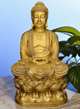 阿弥陀佛摆件纯铜坐莲花释迦牟尼佛家用佛堂神像手捧莲花佛像o