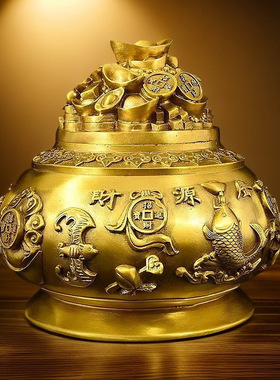 铜聚宝盆黄铜五路财神有盖聚宝盆新居乔迁开业礼物礼品装饰摆件o