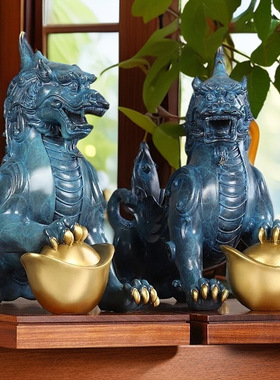 黄铜貔貅摆件一对彩绘烧蓝元宝貔貅独角貔貅客厅店铺装饰大瑞兽o