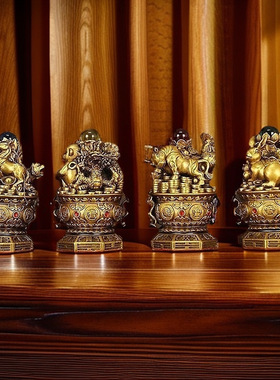 黄铜三合生肖摆件牛蛇鸡黄铜十二生肖旋转聚宝盆家居装饰工艺品o