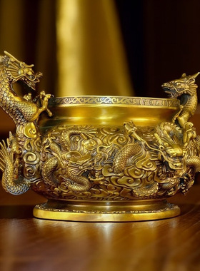 黄铜双龙香炉摆件客厅办公室熏炉室内中式佛堂祠堂双龙大号o