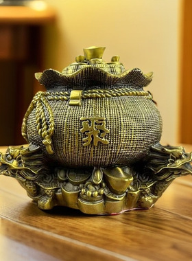 黄铜聚宝盆存钱罐香炉摆件四方金蟾貔貅财罐龙头聚宝袋客厅装饰o