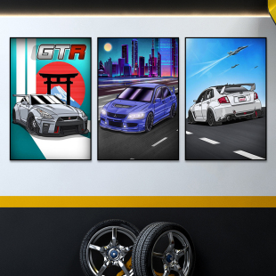 汽车挂画美容改装 饰画日本JDM赛车壁画 店跑车俱乐部沙发背景墙装