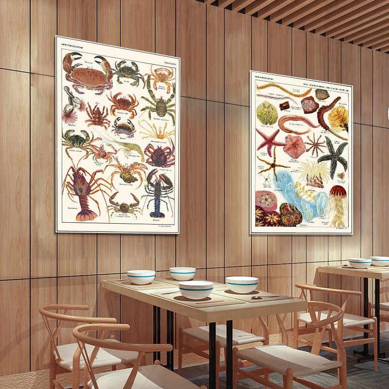 路亚挂画复古美式海鲜自助餐厅墙面装饰画烧烤店渔具店鱼虾蟹壁画