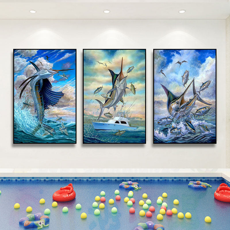 海洋餐厅装饰画水族馆海底世界挂画海鲜店渔具店海钓金枪鱼壁画