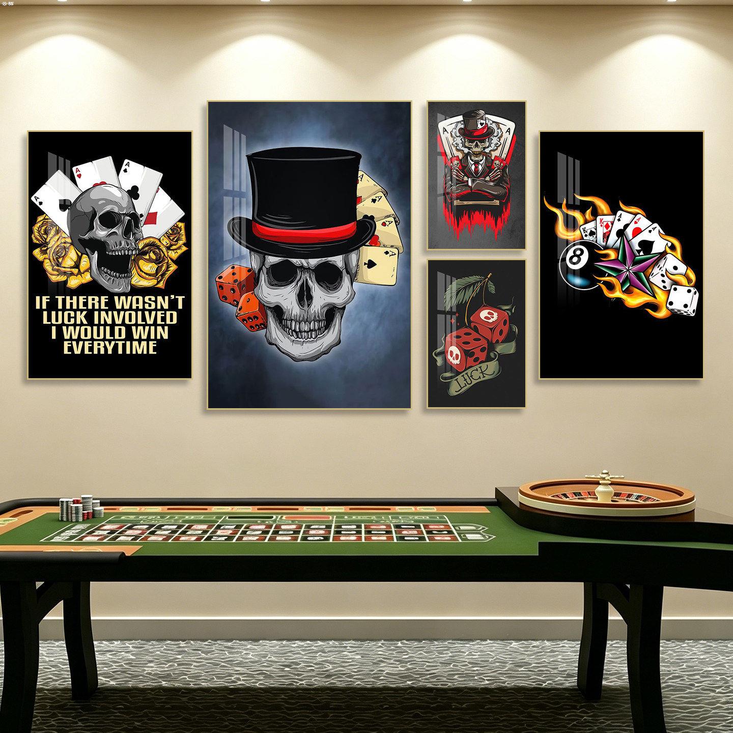美式骷髅扑克骰子组合装饰画棋牌室台球厅挂画潮牌黑八桌球墙壁画