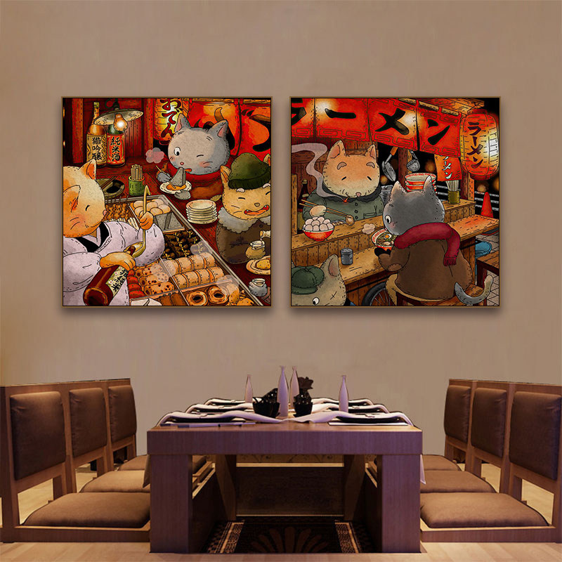 日本料理店装饰画寿司店日式美食挂画居酒屋创意卡通老鼠猫咪壁画