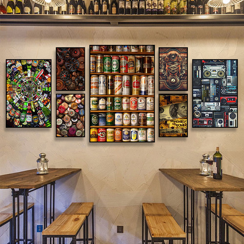 酒吧装饰画烧烤店酒瓶瓶盖铁牌齿轮挂画酒馆啤酒樽易拉罐合集壁画