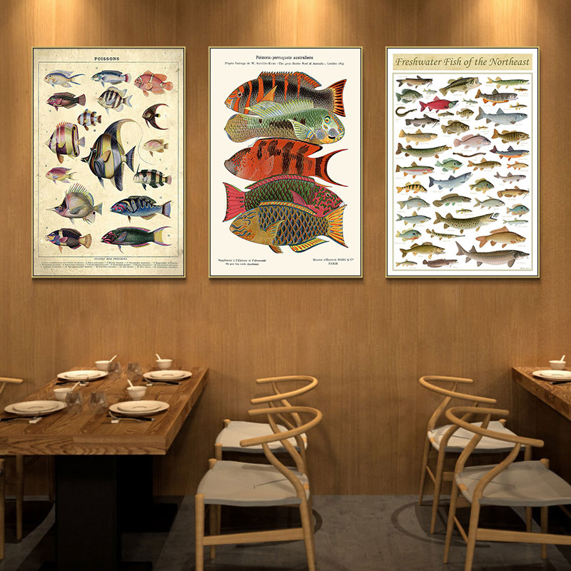 复古海洋鱼类甲壳类生物科普挂画儿童房书房博物图鉴市场装饰画