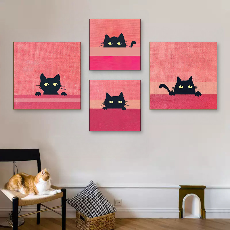 多巴胺粉色猫咪装饰画儿童房卧室床头挂画客厅餐厅趣味卡通壁画
