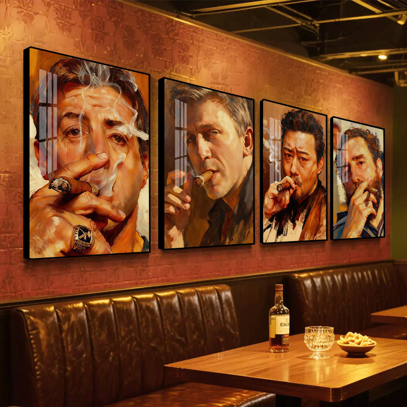 丘吉尔抽烟装饰画雪茄吧切格瓦拉画像挂画美式复古酒吧烟酒行壁画