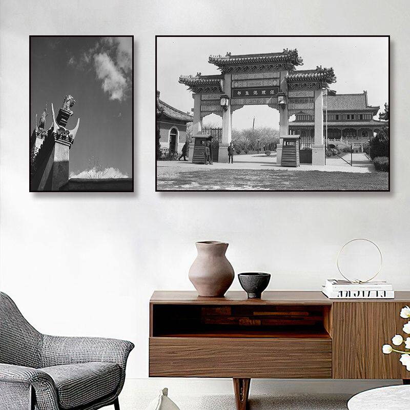 老北京装饰画复古怀旧片餐馆火锅店挂画旧中国屋檐建筑黑白照片画