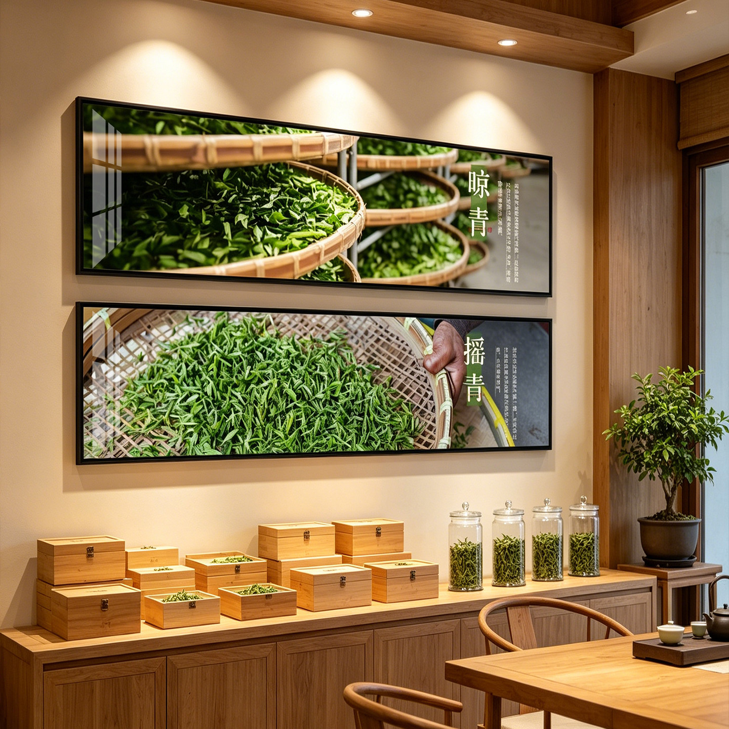 茶叶店装饰画茶馆墙壁画茶档背景墙装饰画晒茶步骤图氛围布置挂画