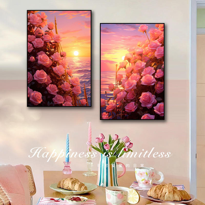 玫瑰花少女装饰画治愈系女孩卧室公主房挂画温馨水晶玫瑰花卉壁画