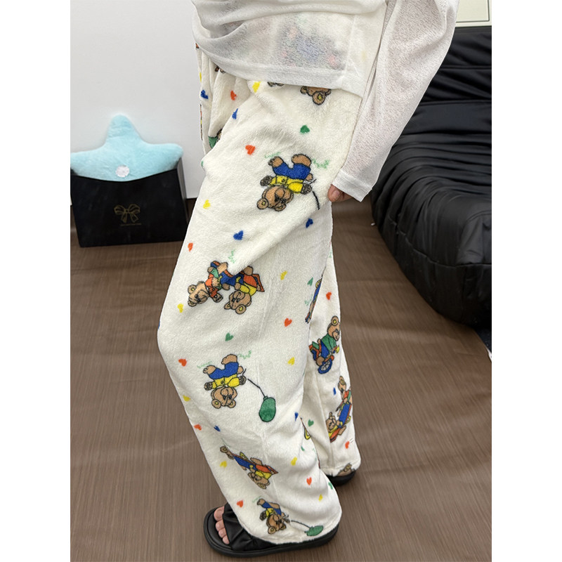 新款卡通裤秋冬季法兰绒睡裤女保暖加厚休闲居家可外穿冬天长裤子