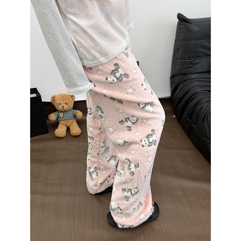 秋冬季法兰绒压花卡通睡裤女保暖加厚休闲居家可外穿长裤冬天裤子