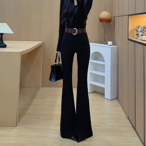 黑色辣妹高腰微喇叭裤子女