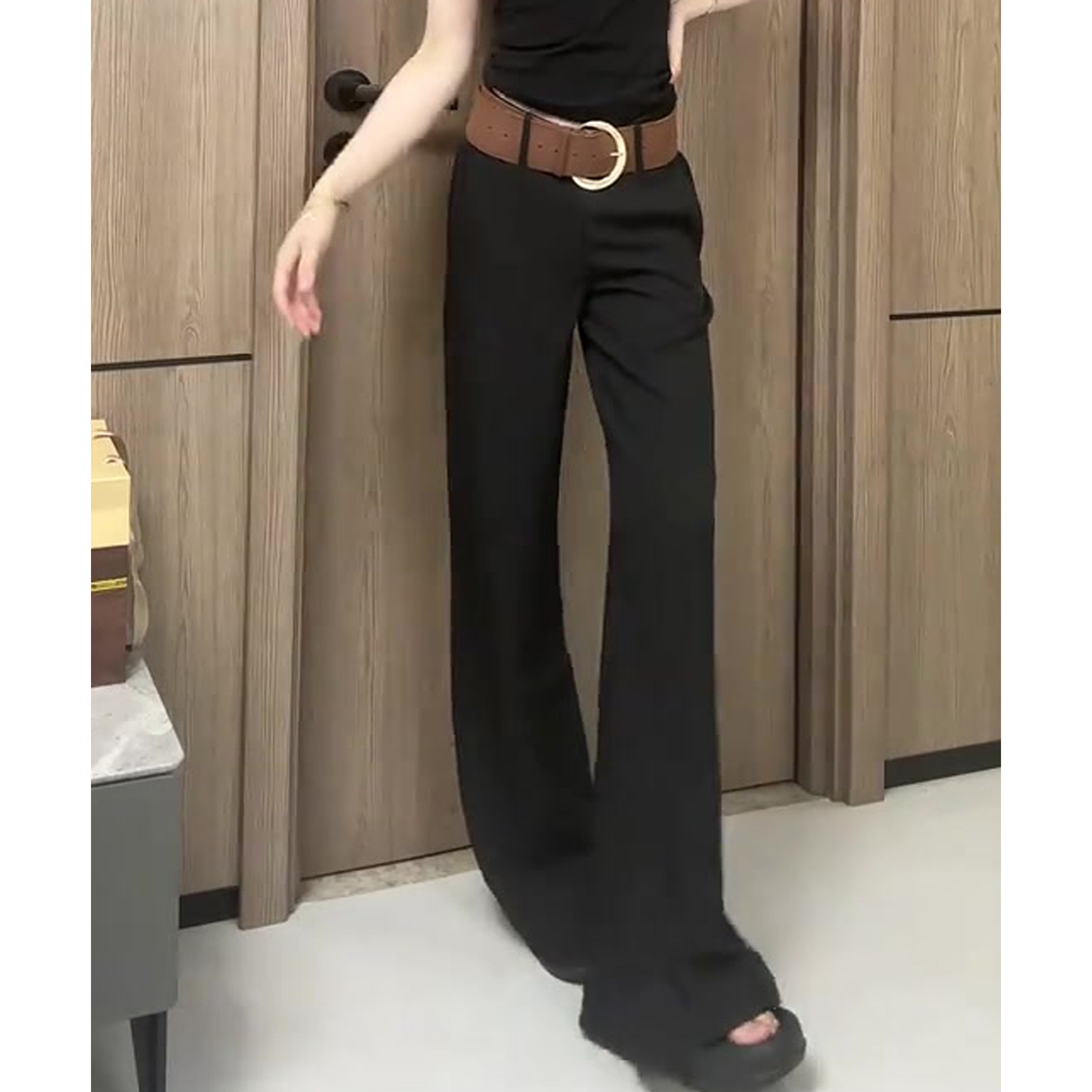辣妹腰黑色经典百搭超长拖地裤