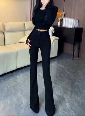 黑色微喇裤女2025年春夏新款设计感百搭拼蕾丝高腰显瘦微喇拖地裤