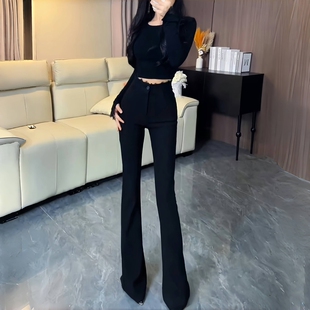 设计感百搭拼蕾丝高腰显瘦微喇拖地裤 黑色微喇裤 女2025年春夏新款