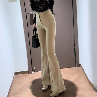 新款 女2025秋季 高腰显瘦弹力修身 喇叭马蹄裤 卡其色微喇西装 长裤 裤