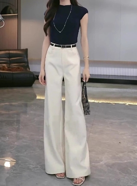 米白色休闲阔腿西装裤女2025新款秋季高级感垂感窄版显瘦直筒裤女