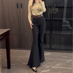 子 女2025秋冬加绒高腰弹力休闲喇叭裤 高级感黑色人鱼大喇叭西装 裤