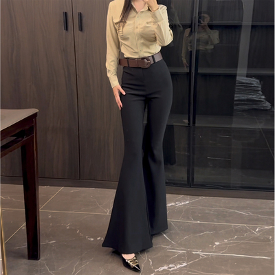 人鱼黑色弹力高腰西装裤通勤风