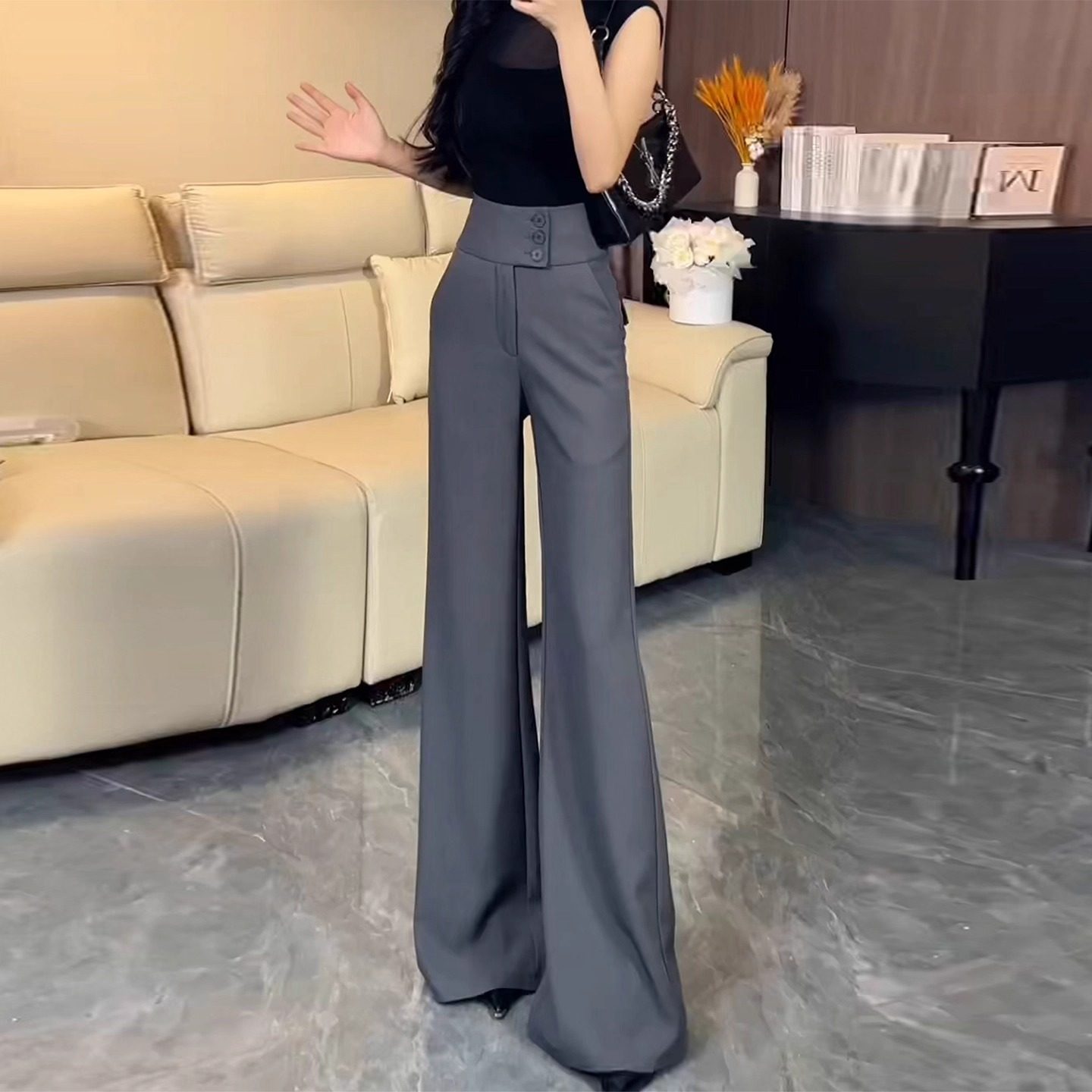 灰色排扣高腰微喇西装裤女秋冬2025新款气质垂感不贴腿喇叭长裤女,女装/女士精品,大码裤装,淘宝优惠券,粉丝福利购,淘宝优惠卷