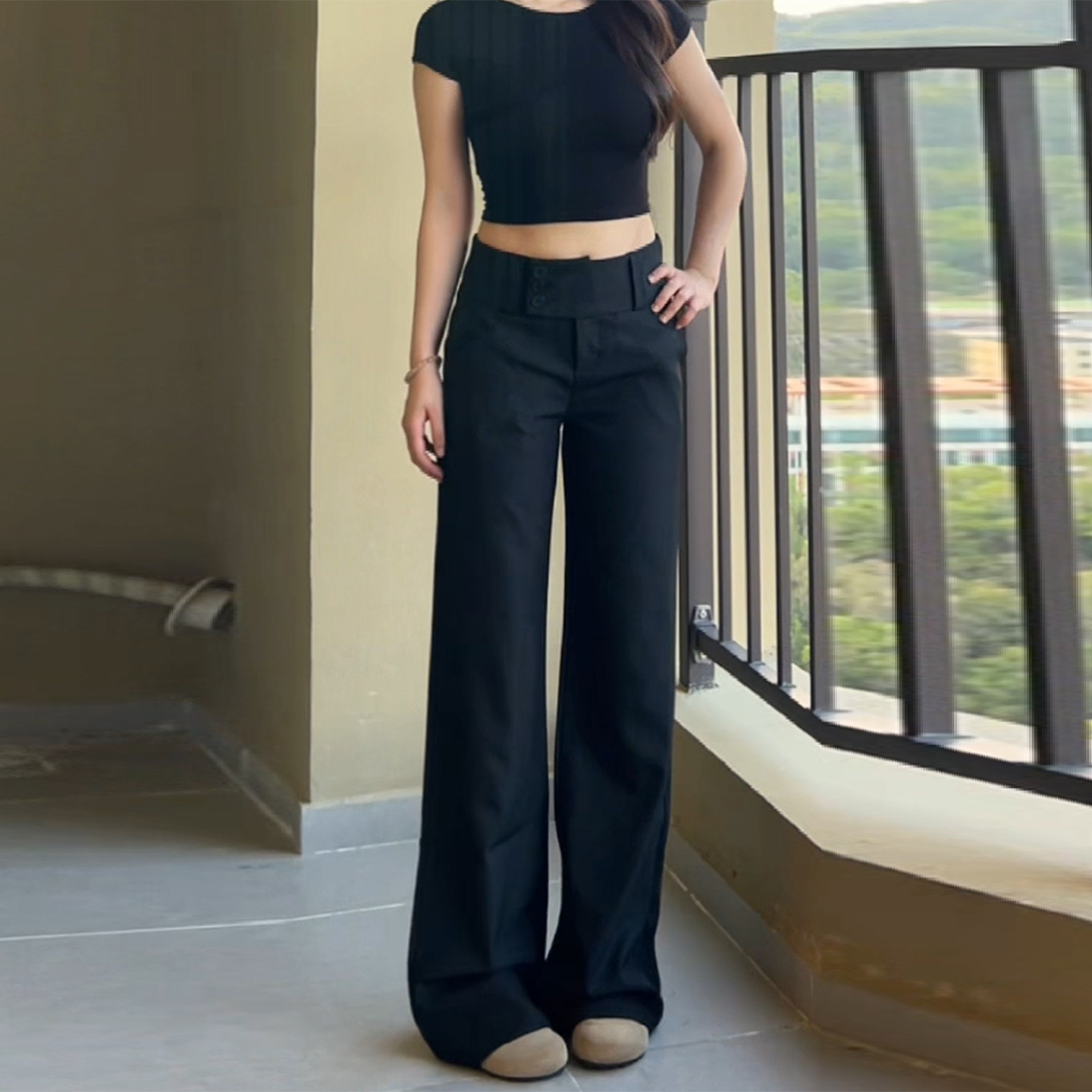 窄版阔腿西装裤阔腿高腰拖地裤