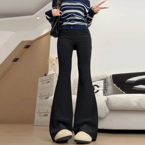 黑色夏季垂感小个子西装微喇叭裤